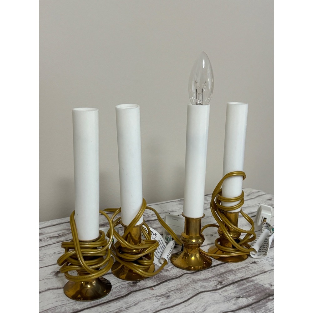 Vintage Electric Window Candle Lamps Brass Base White Sleeve Set of 4 Christmas